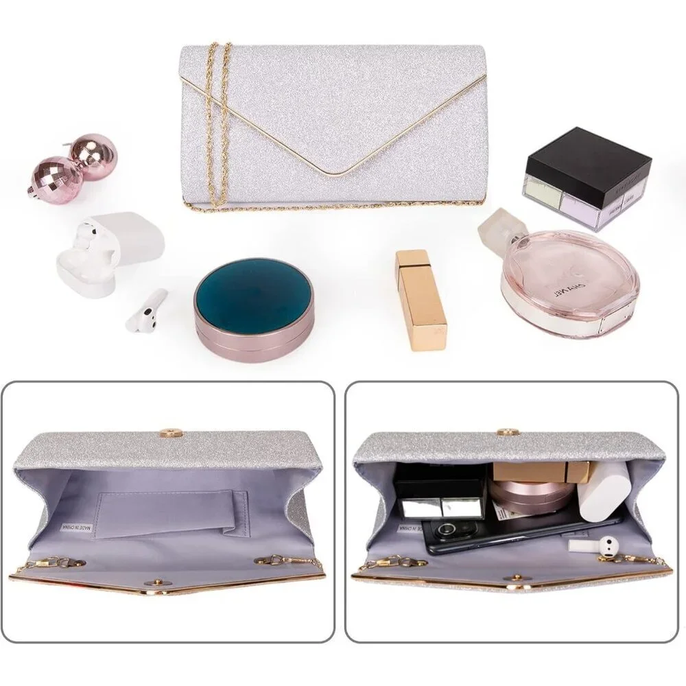 Women's Sparking Silver Envelope Bag With Detachable Chain Clutch Purses